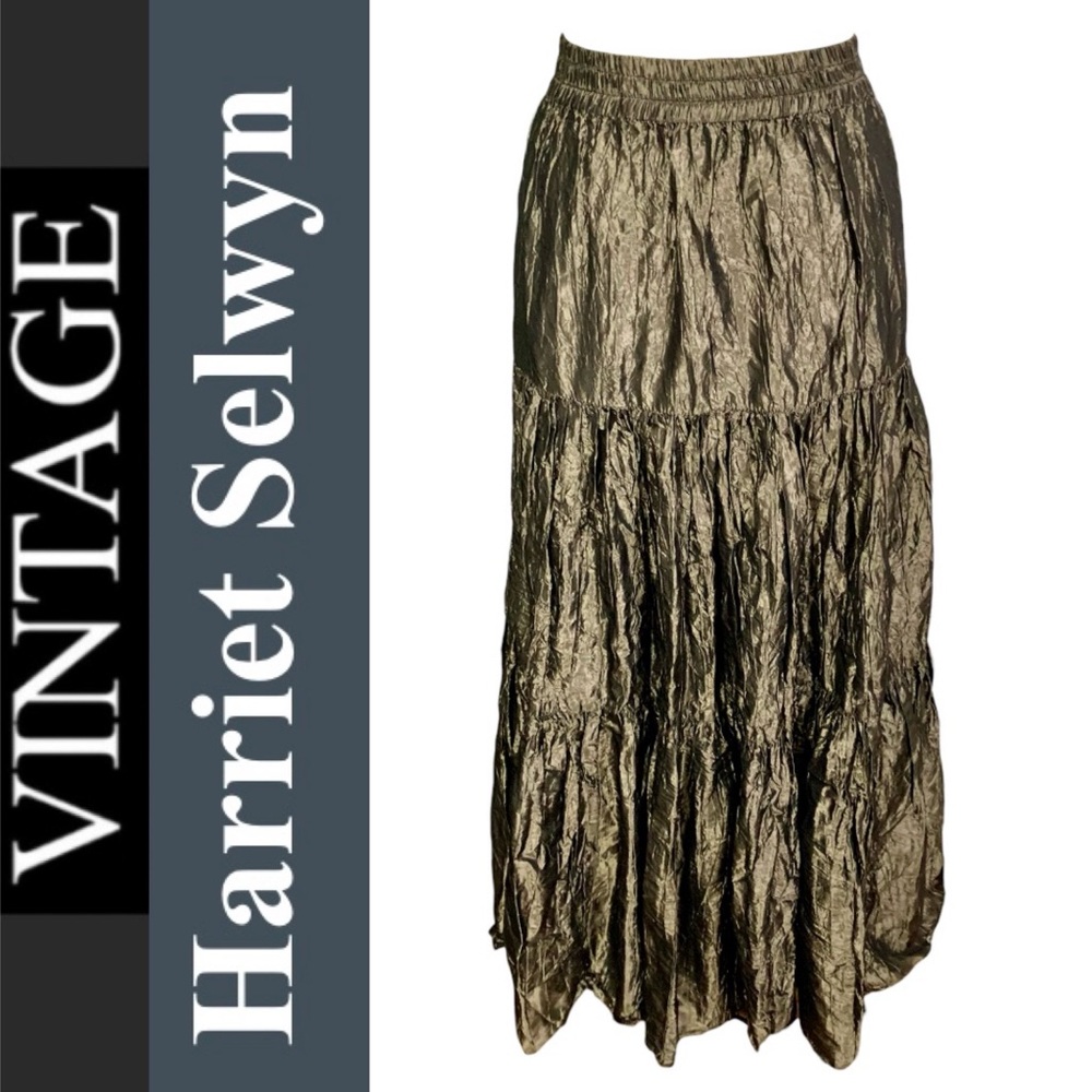 Vintage “Harriet Selwyn” silk crinkle taffeta peasant maxi skirt in dark green